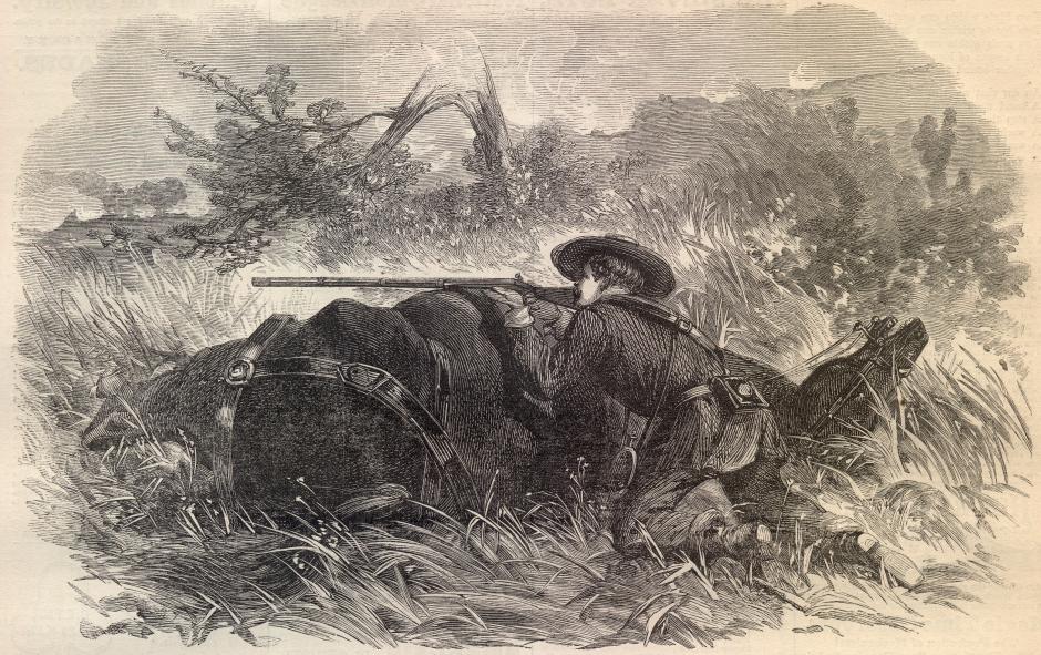Soldier Shooting Behind Dead Horse